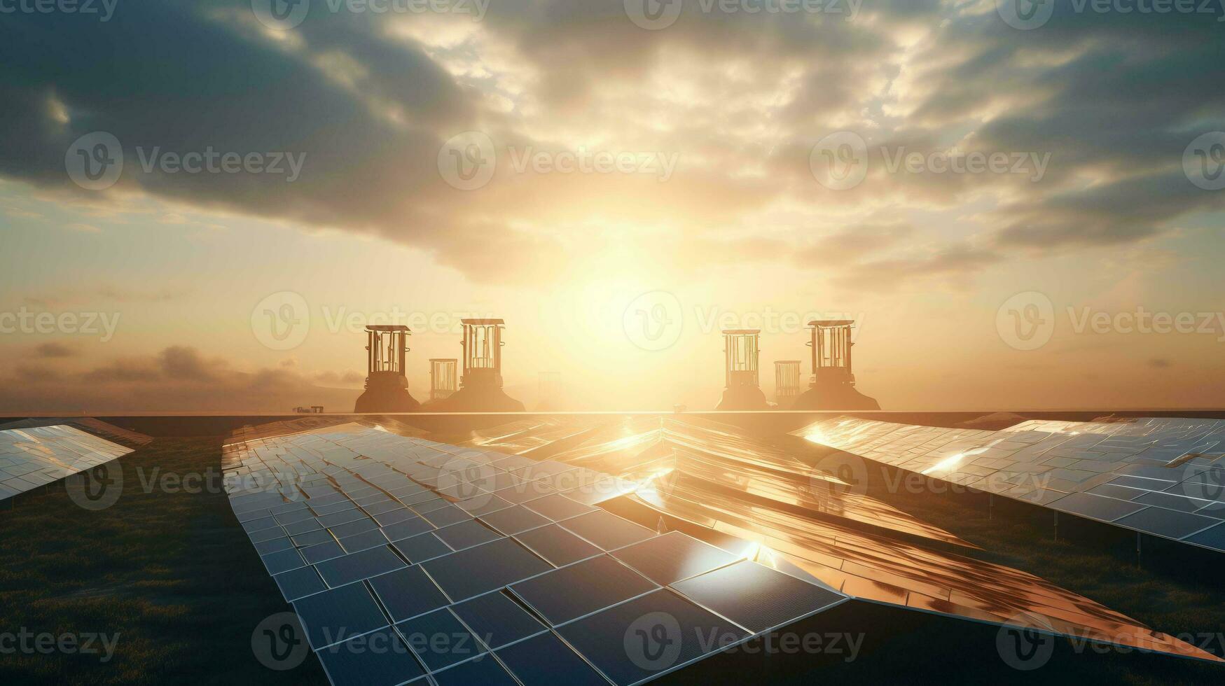 morgon- Sol över sol- kraft växt, utnyttjande rena energi foto