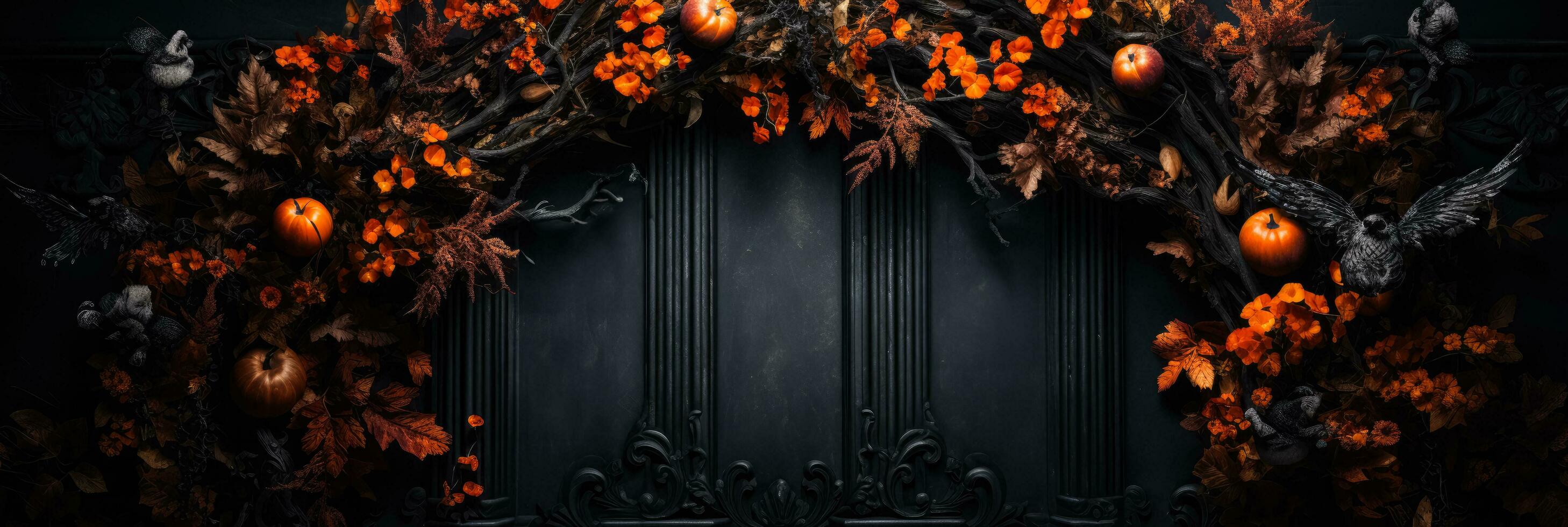 gotik halloween krans smyckande en mörk dörr bakgrund med tömma Plats för text foto
