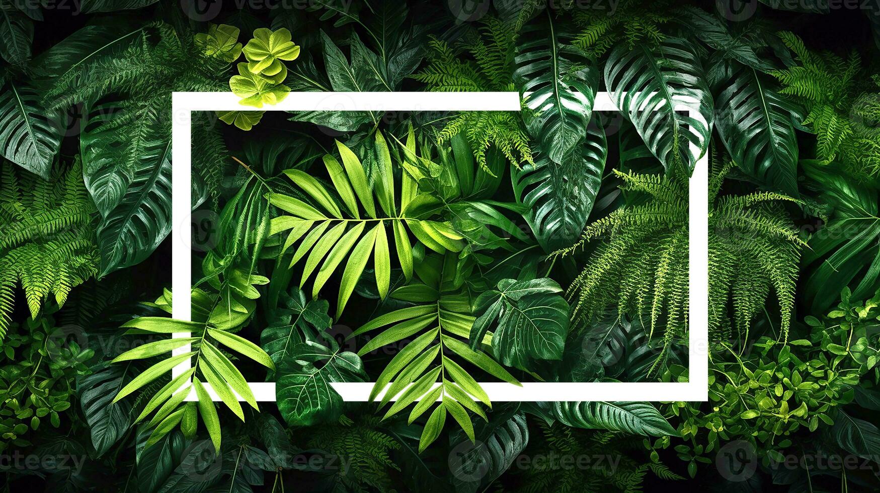 tropisk djungel vit ram, tropisk regnskog lövverk växter buskar i tropisk trädgård med vit ram , grön brokig löv ram natur, ai generativ foto