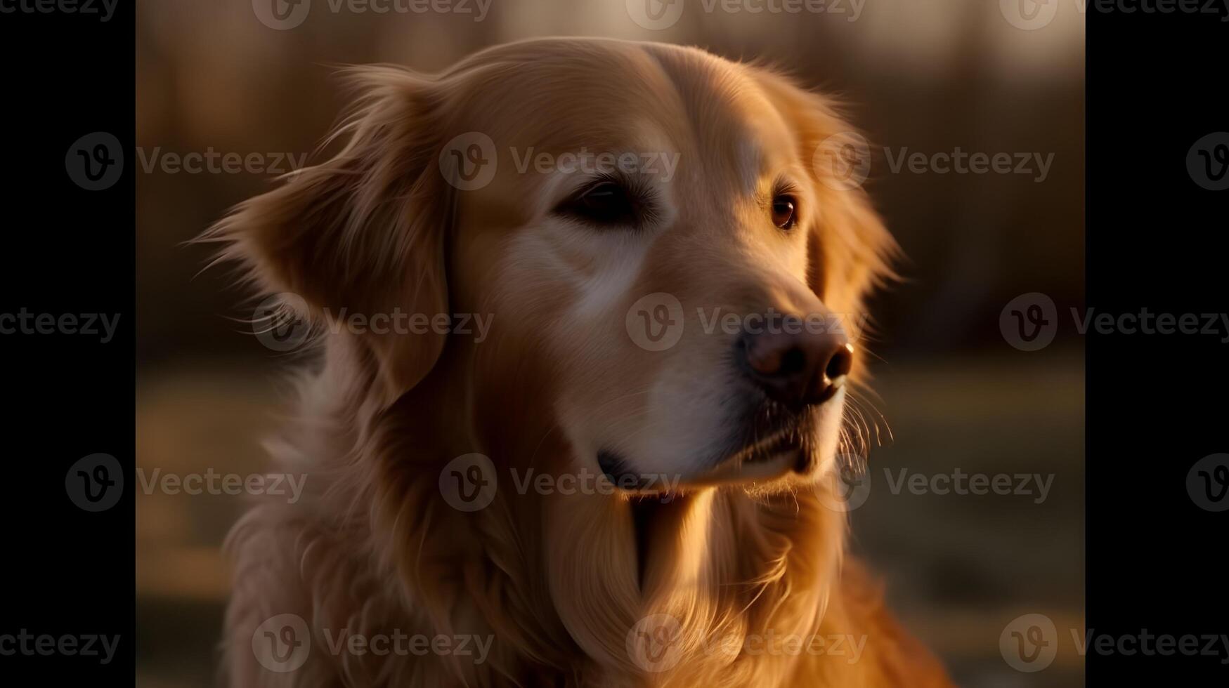 stänga upp skön blond gyllene retriever hund sitta, ser och stirrande på något med natur bakgrund. ai genererad foto