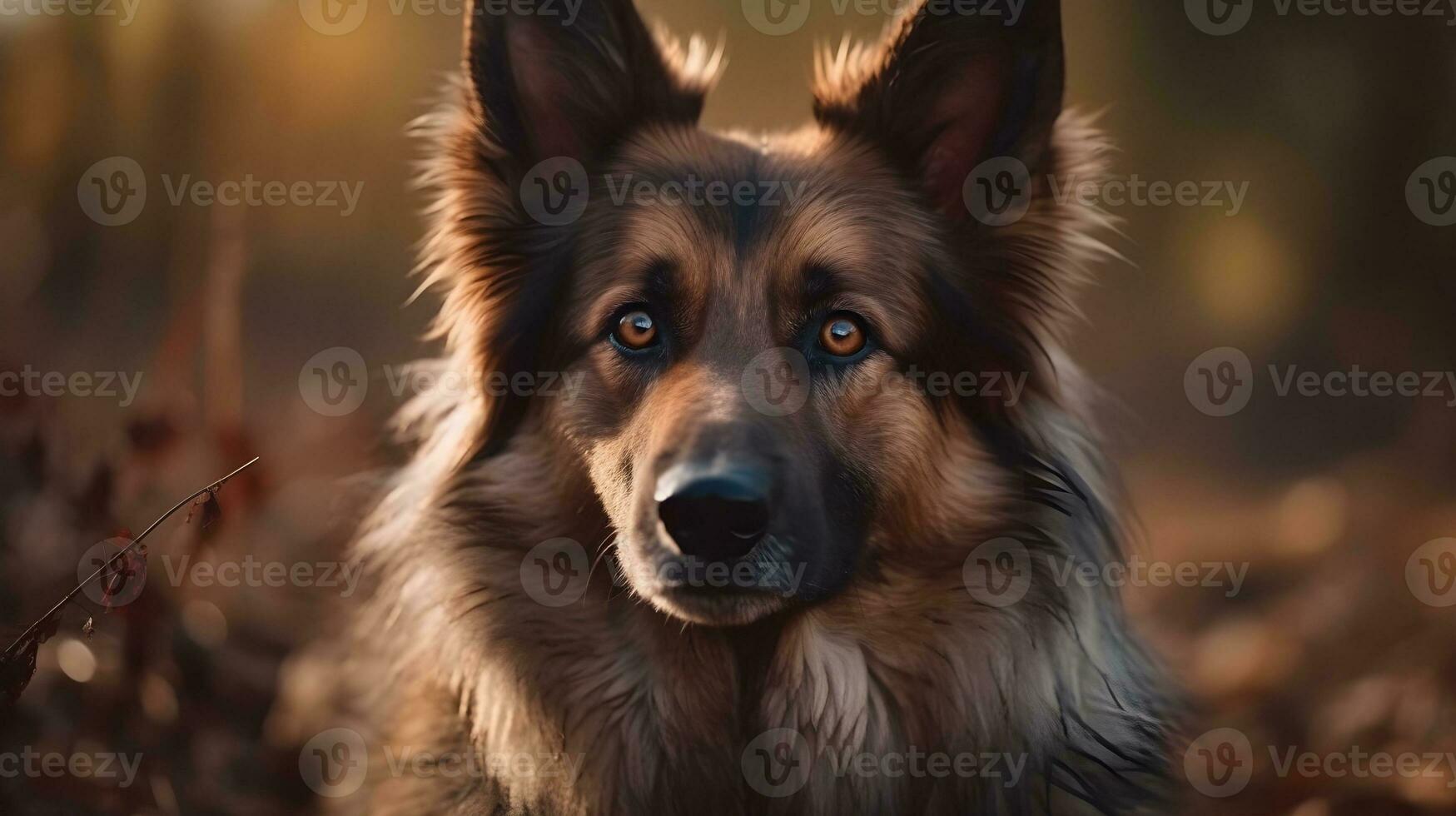 stänga upp brun svart gammal tysk herde hund stå, stirra och se på de kamera, hund bevakning, spelar i de natur. ai genererad foto