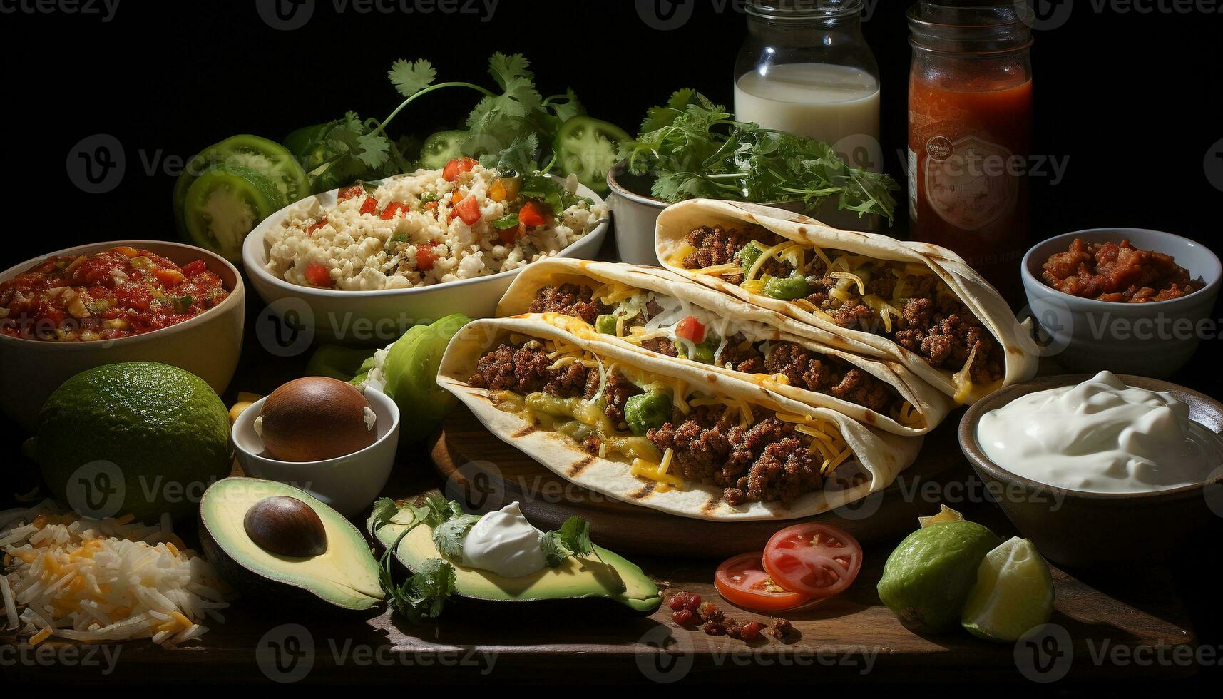 friskhet på en tallrik guacamole, tomat, kött, Koriander, avokado, vegetabiliska genererad förbi ai foto