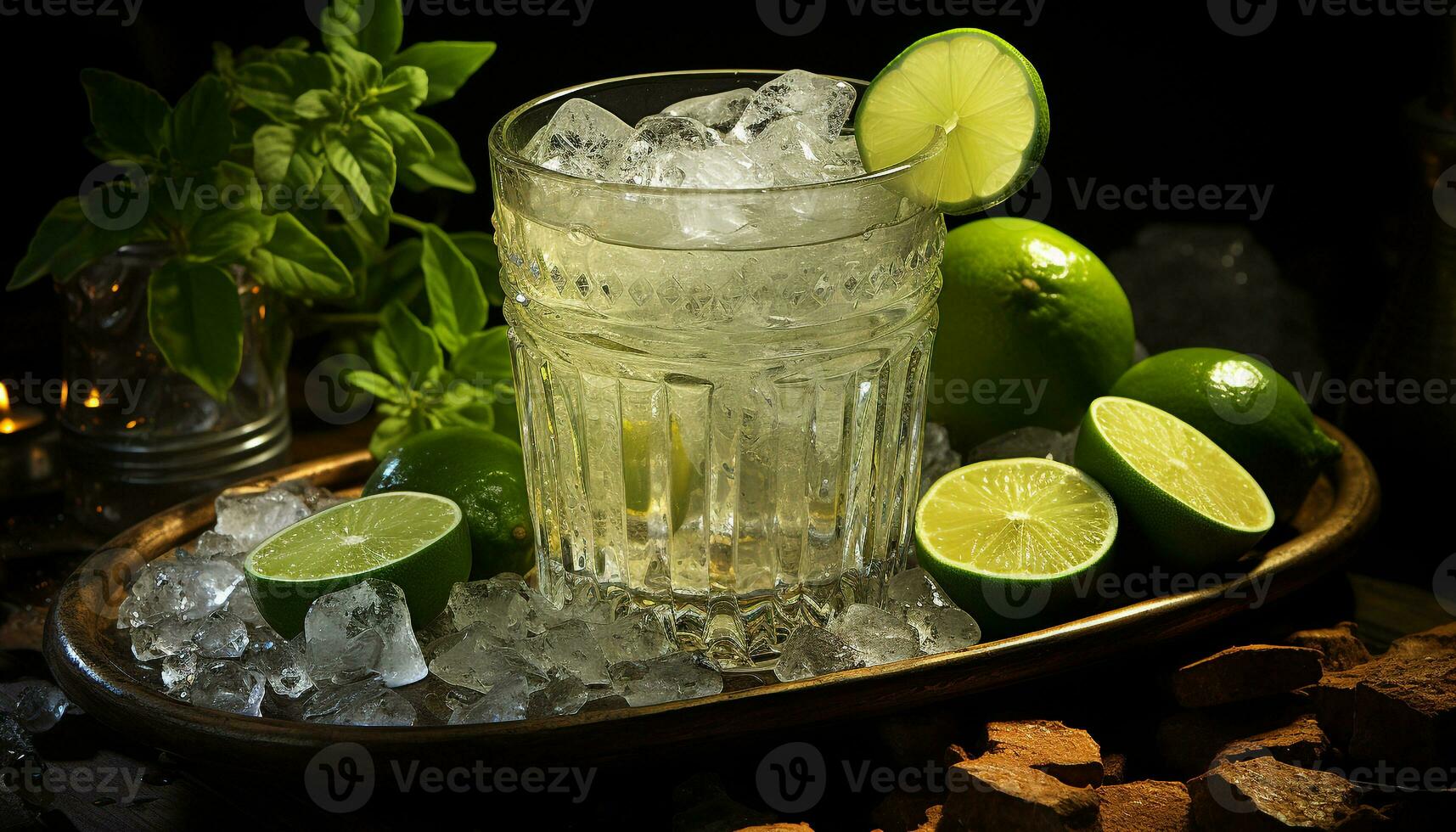 uppfriskande mojito cocktail med kalk, mynta blad, och is kuber genererad förbi ai foto