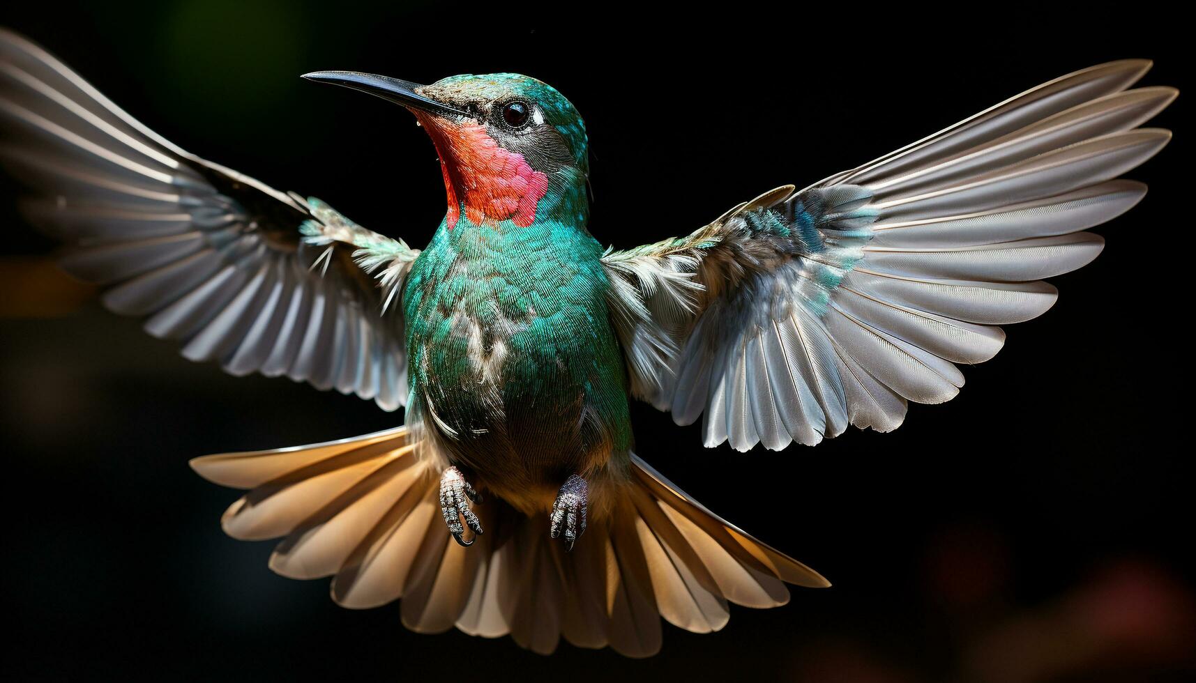 kolibri i mitten luft, vibrerande färger, natur skönhet i rörelse genererad förbi ai foto