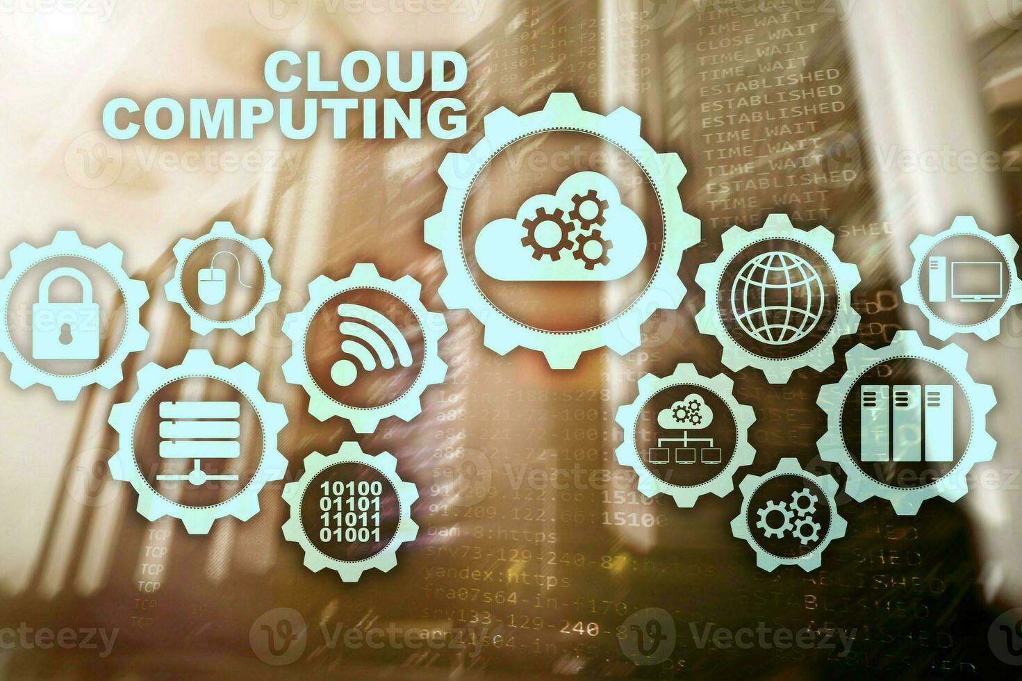 cloud computing, teknikanslutningskoncept på serverrumsbakgrund foto