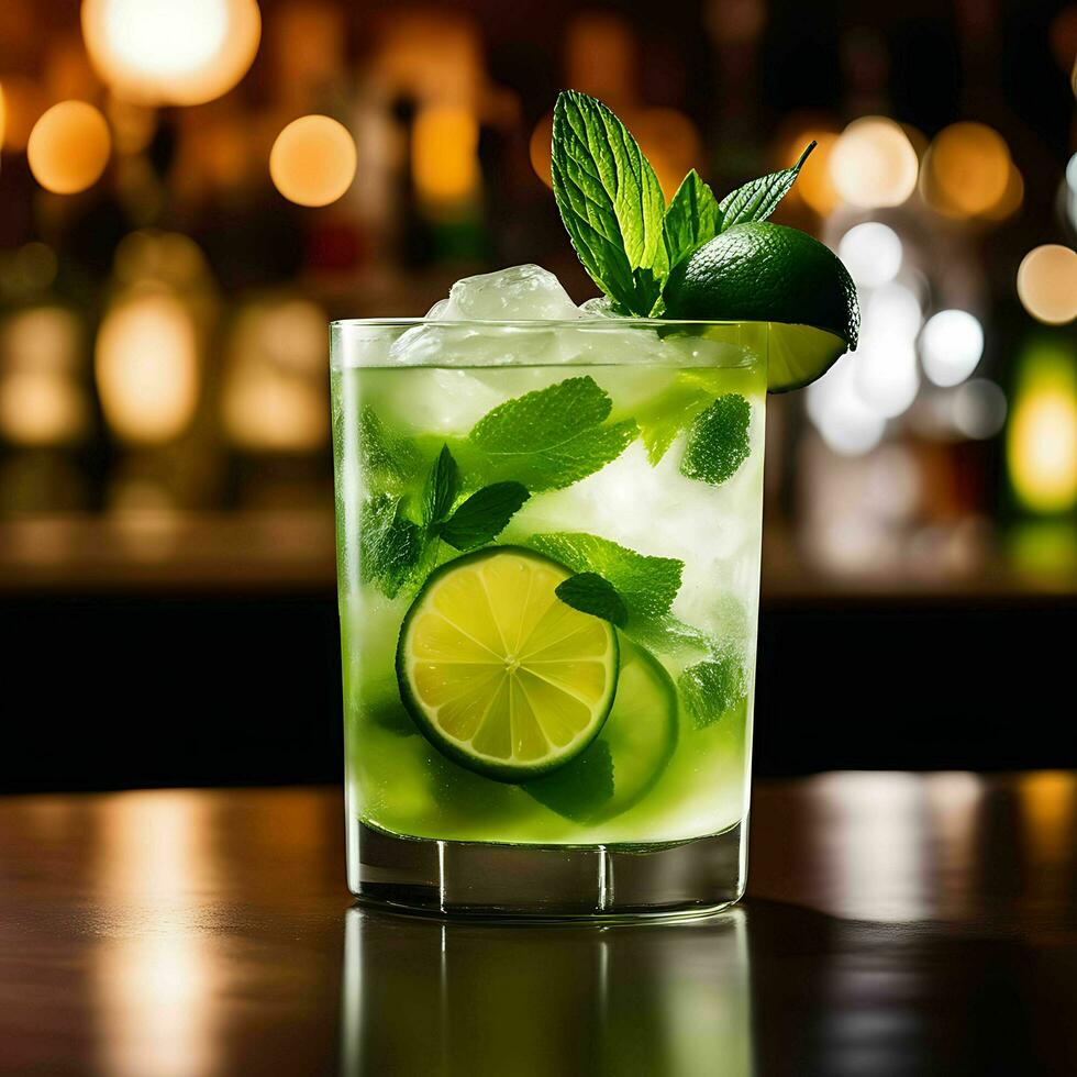 en uppfriskande mojito cocktail på de bar disken ai genererad foto