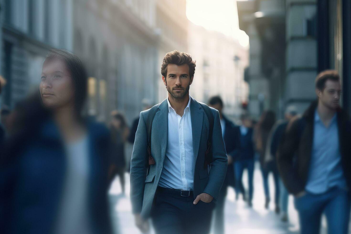 europeisk affärsman gående i modern stad, stilig chef promenader på en fullt med folk fotgängare gata, självsäker manlig på upptagen gata. foto