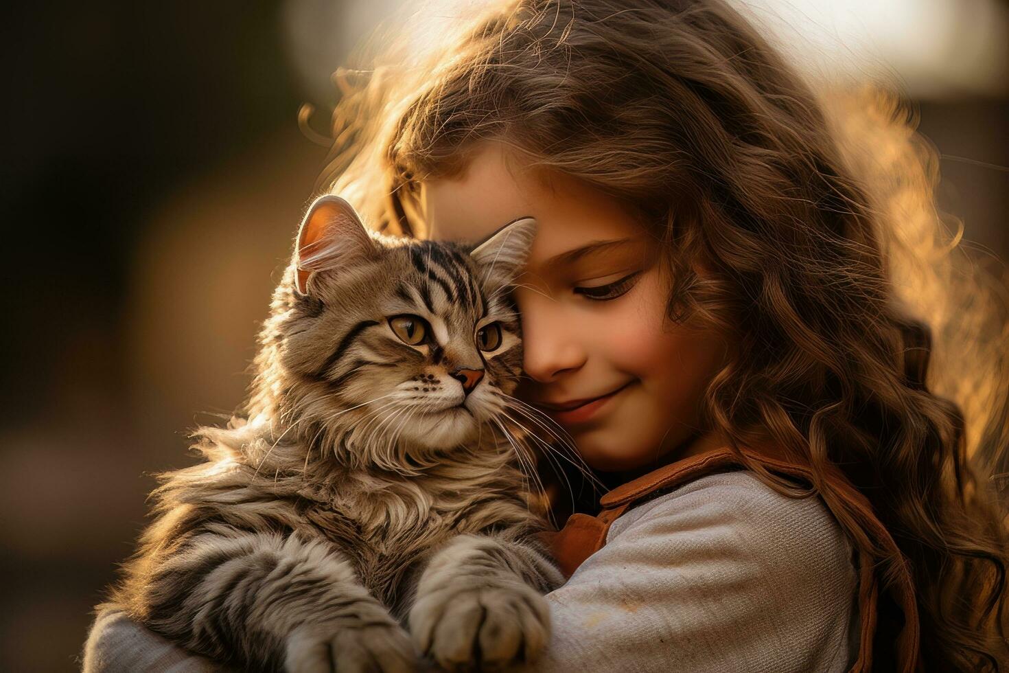 liten flicka kramas henne katt med värma ljus bakgrund, unge kramar en herrelös katt till förmedla en känsla av kärlek. foto