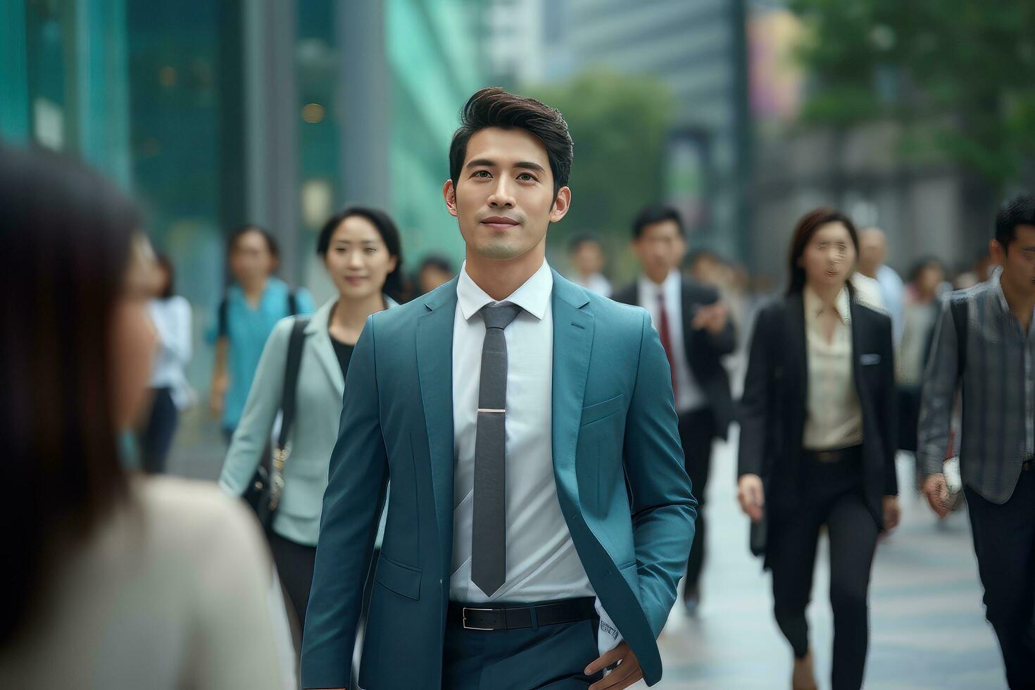 asiatisk affärsman gående i modern stad, stilig man promenader på en fullt med folk fotgängare gata, asiatisk chef omgiven förbi fläck människor på upptagen gata. foto