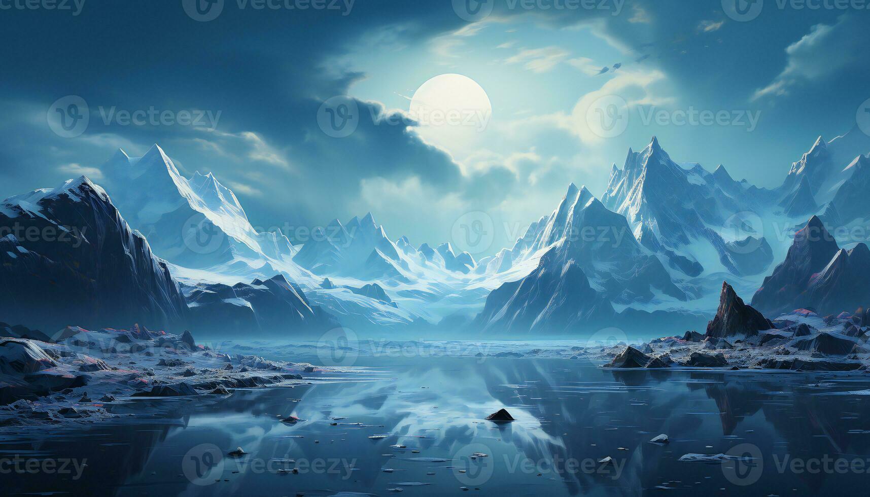 rekreation av en kall landskap av en glaciär med berg stenar, sjö, och en Sol mellan kall moln. illustration ai foto