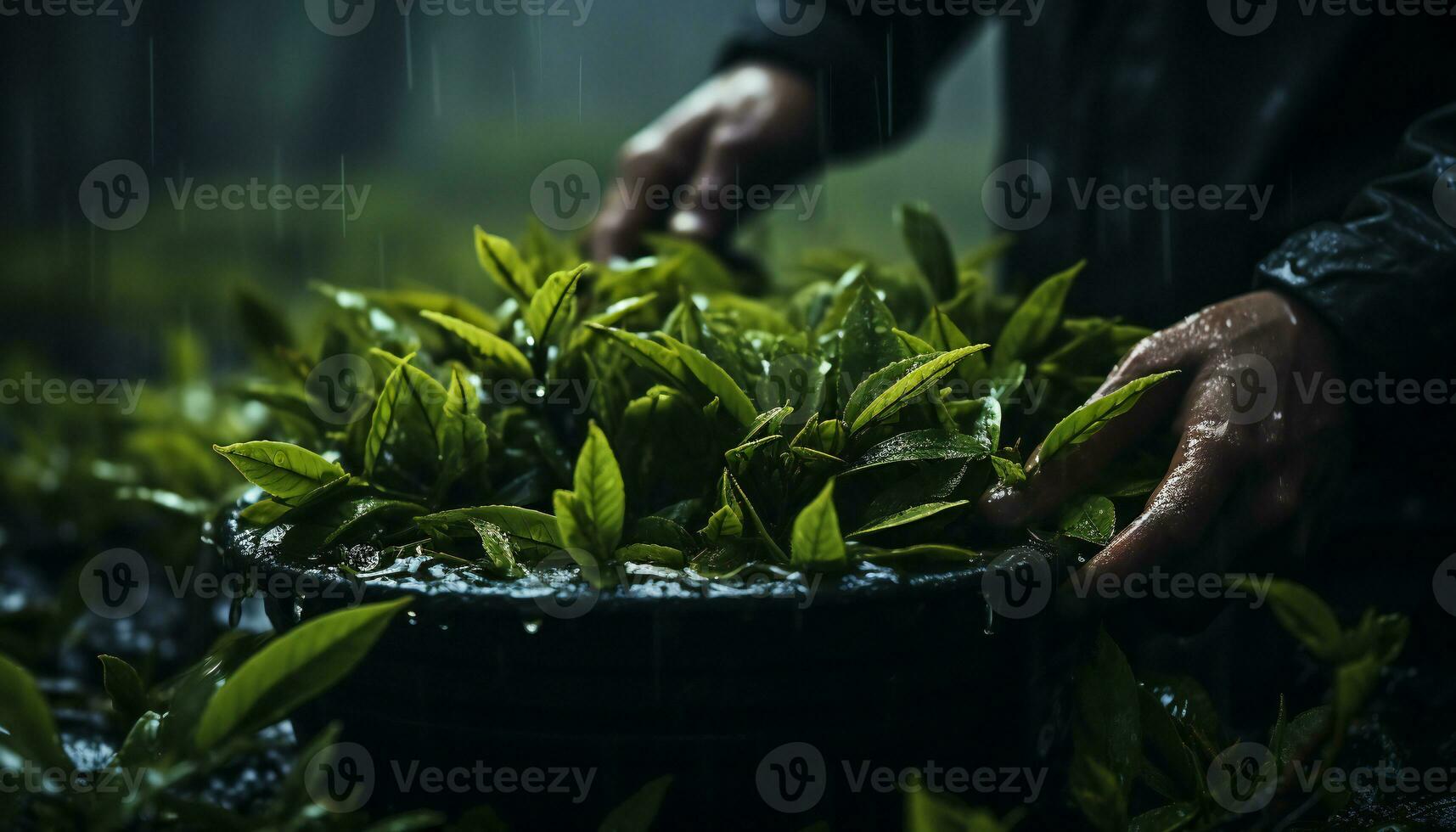 konstnärlig rekreation av händer plockning te löv i en plantage av te växter en regn dag. illustration ai foto