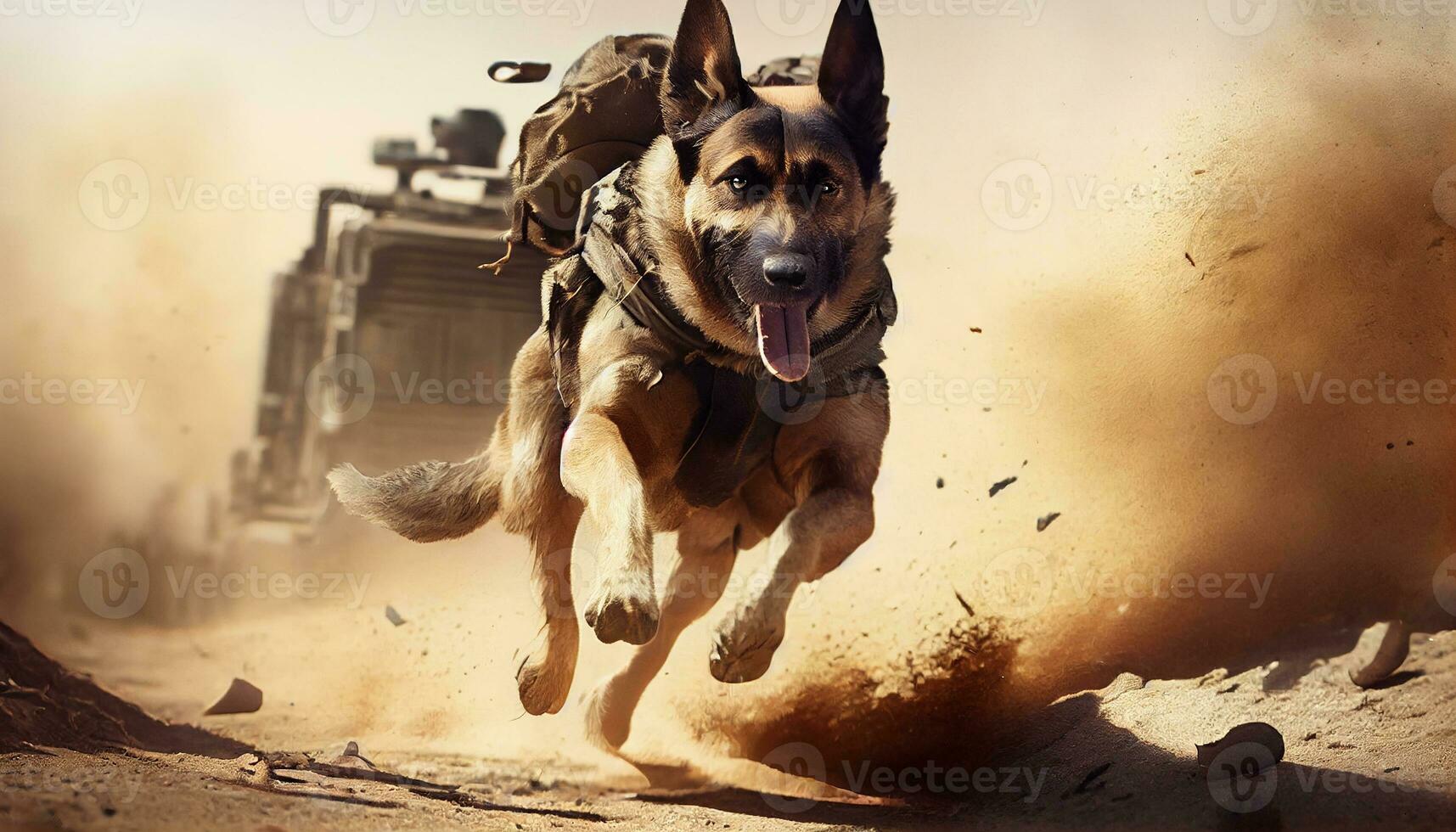 krig hund stridande och löpning i full slåss i de öken. genererad med artificiell intelligens foto