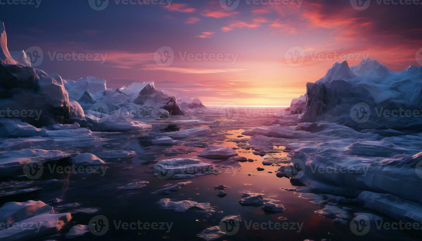 rekreation av en se från en glaciär på solnedgång. illustration ai foto