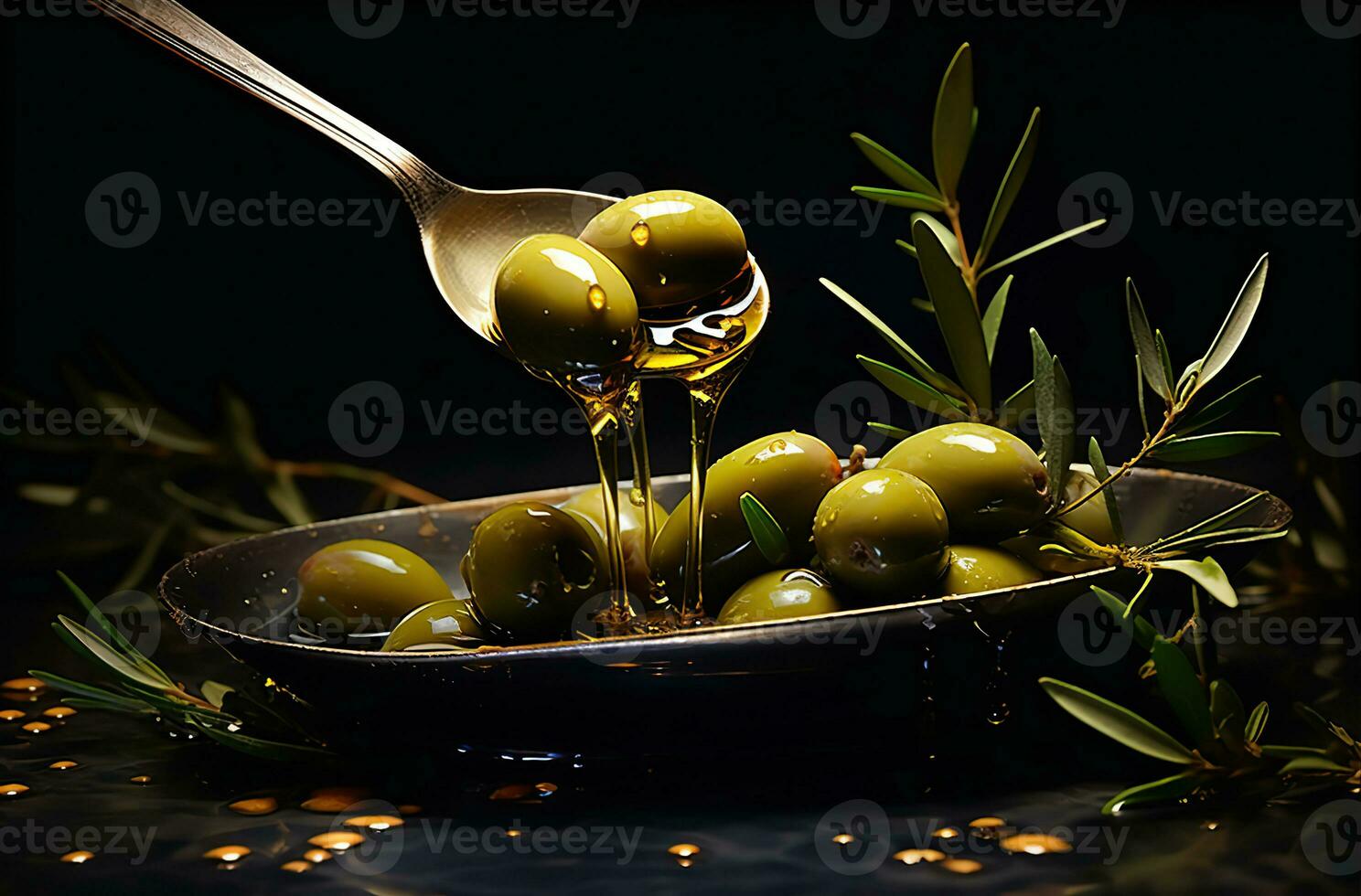oliv olja på grön oliver med löv. skapas med generativ ai foto