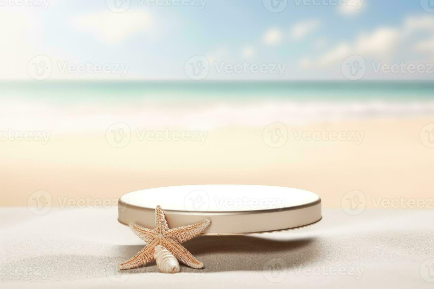 tömma runda beige plattform podium på de strand sand. foto