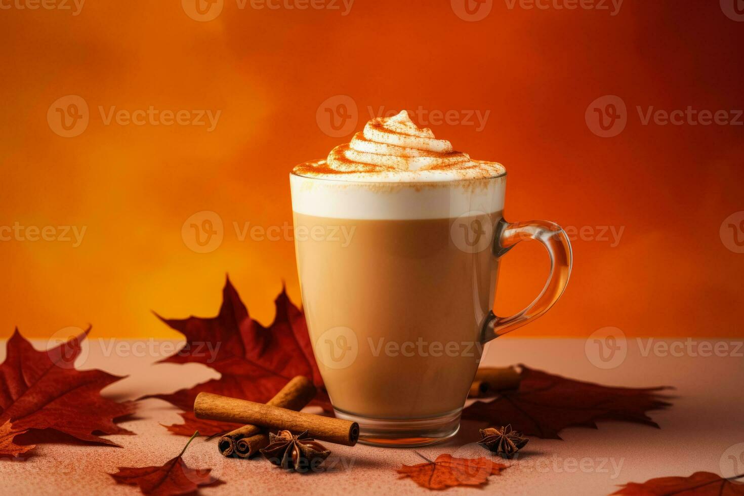 kanel kryddat pumpa latte med falla lövverk isolerat på en lutning bakgrund foto