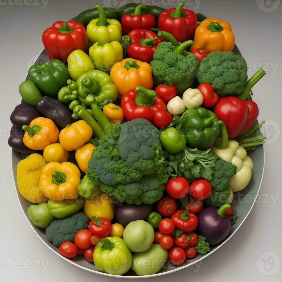 topp se av friska organisk mat grön grönsaker, frön och örter på grå bakgrund källa av protein för vegetarianer förbi ai genererad foto