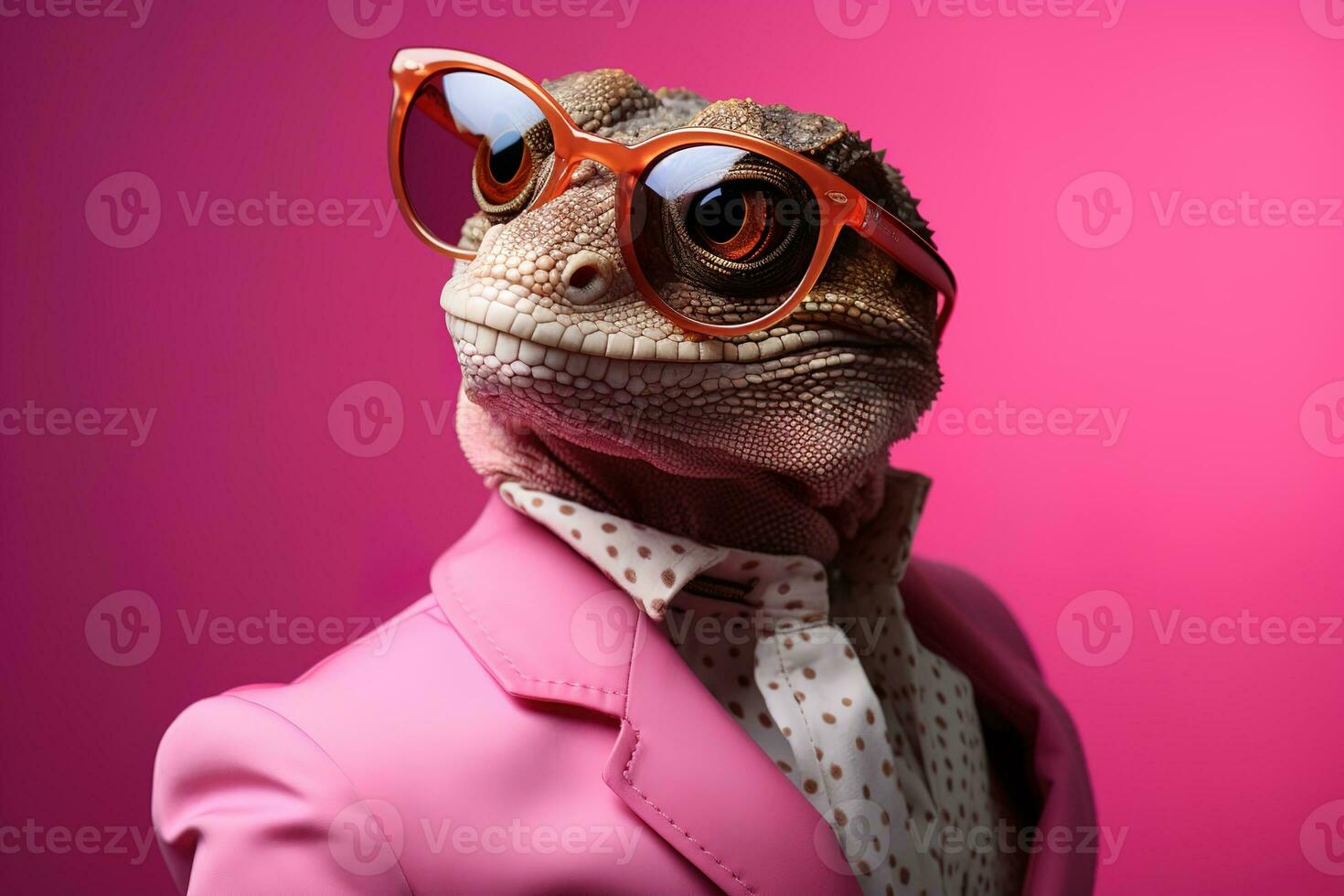 engagerande antropomorf ödla i en solglasögon och rosa mode outfin på en rosa bakgrund, generativ ai foto