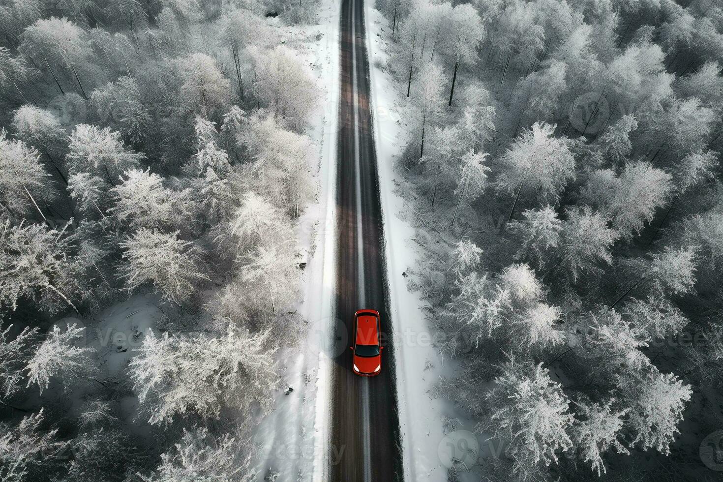 antenn se av en röd bil på en snöig väg godkänd genom en vinter- skog, generativ ai foto