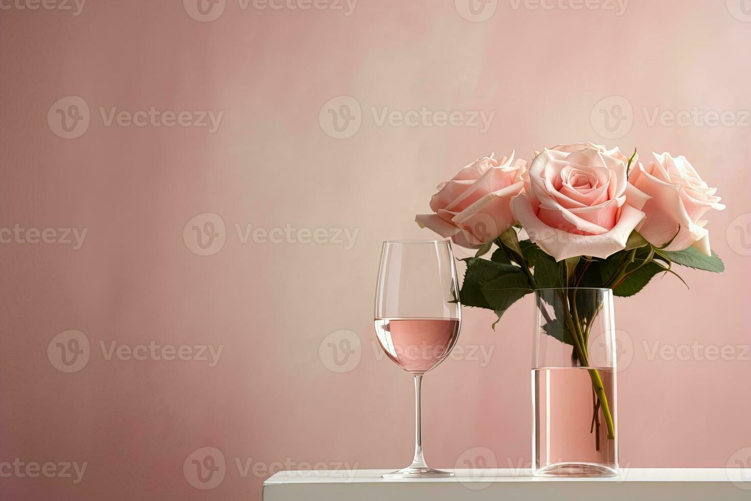 reste sig vin i en glas Nästa till rosa ro i en transparent vas på en pastell rosa bakgrund. foto