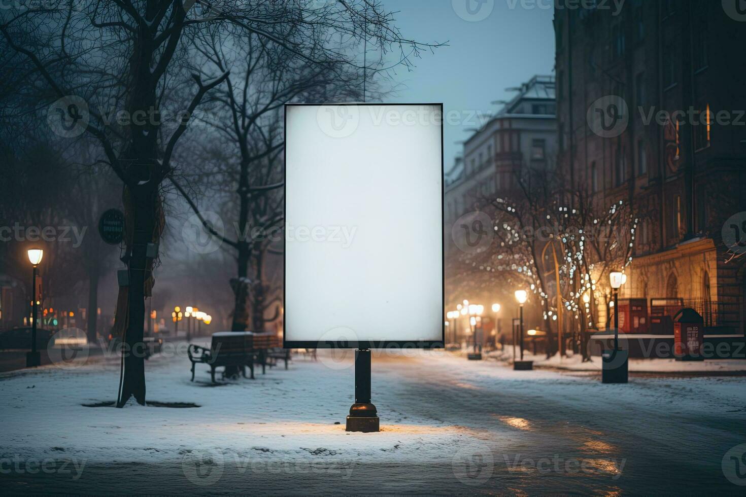 vit tom reklam skärm på en kväll vinter- gata av en stad. falsk upp eller copy foto