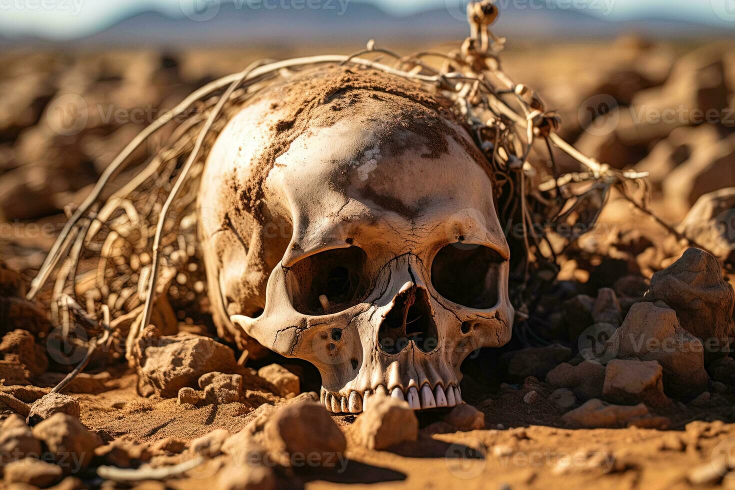 närbild av en mänsklig skalle i de torkades sand öken- foto