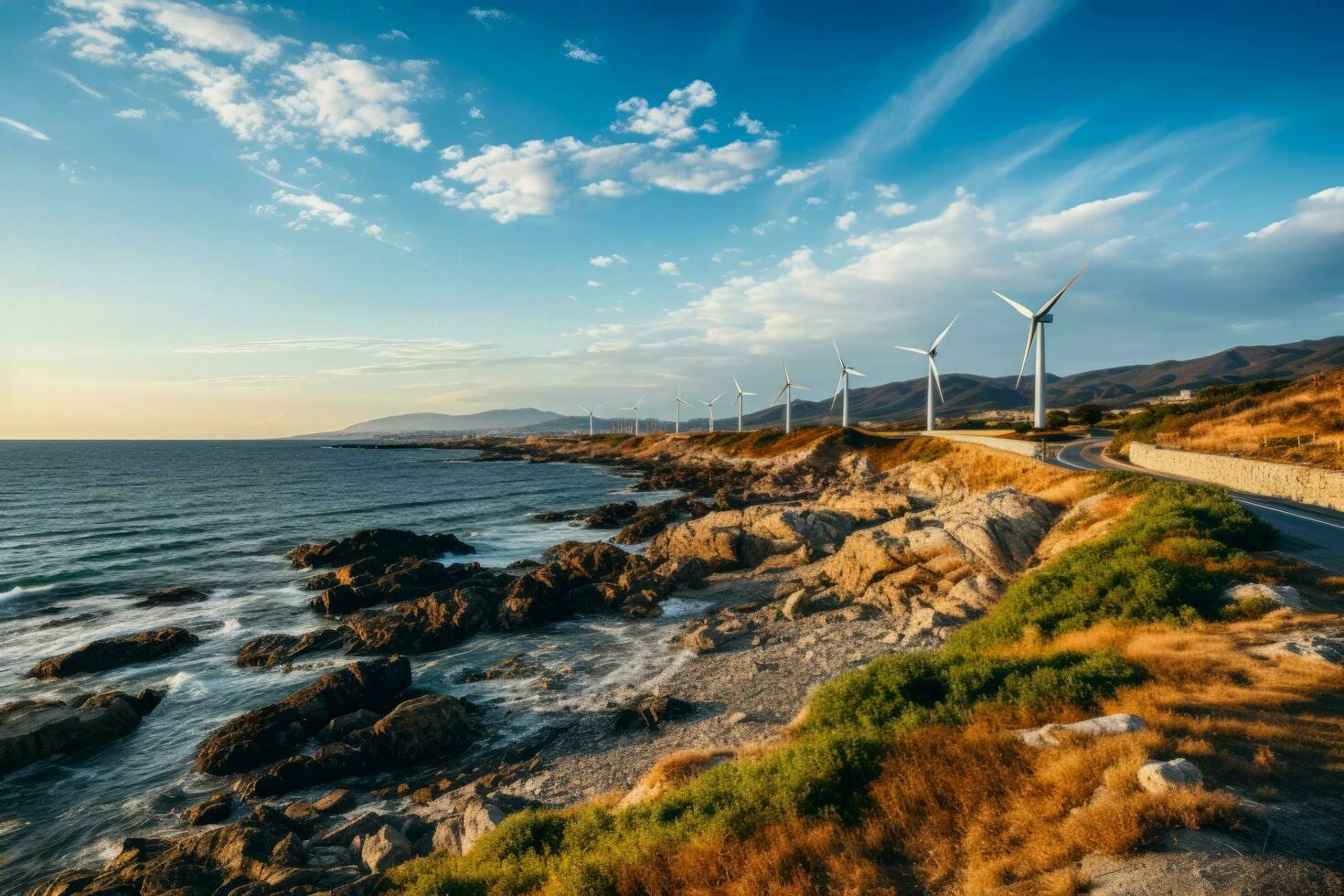 kust vind turbiner spinning elegant i de bris skapande förnybar energi foto