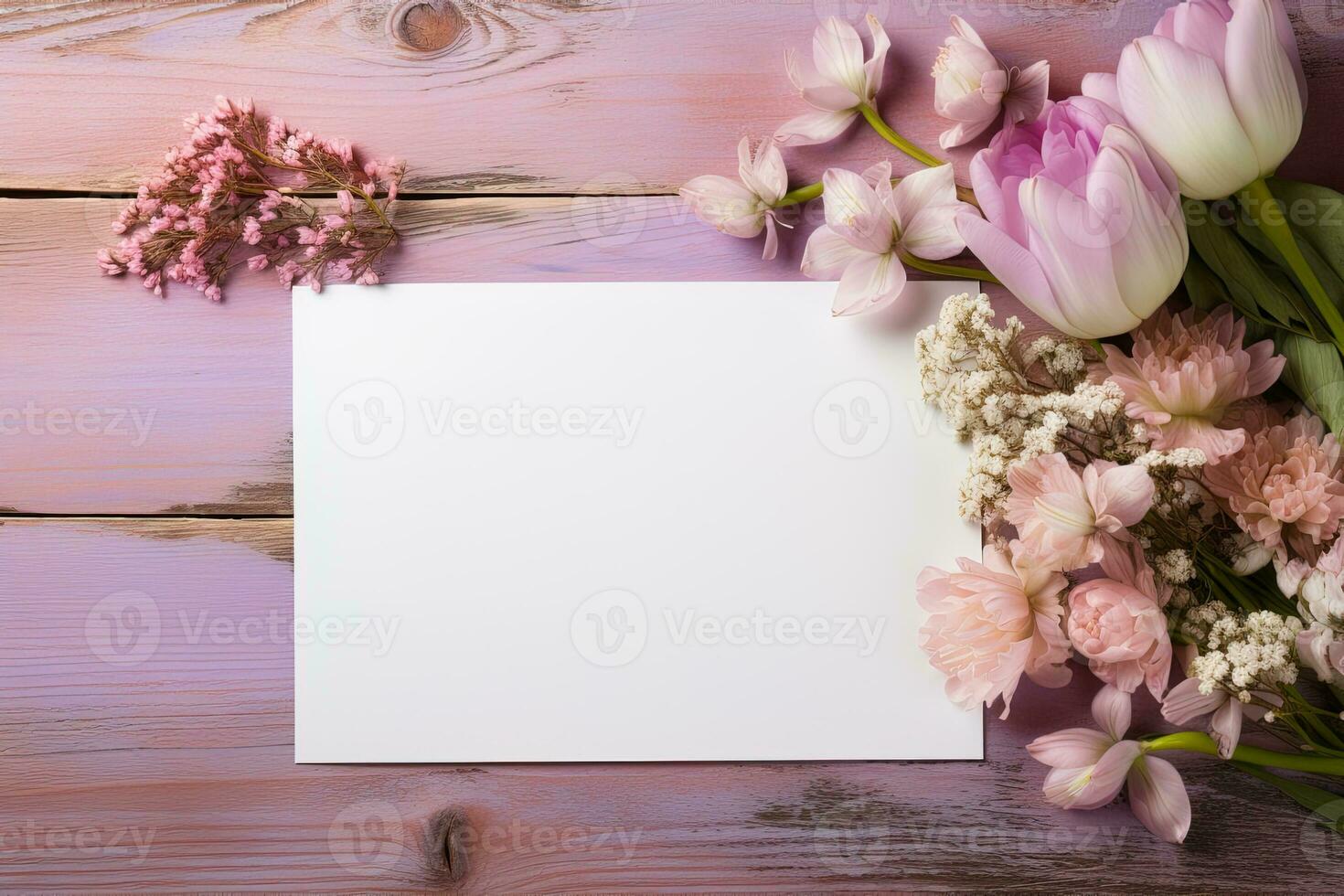 tom kort attrapp på rosa trä- bakgrund omgiven förbi blommor, mall vit ark av papper för design foto