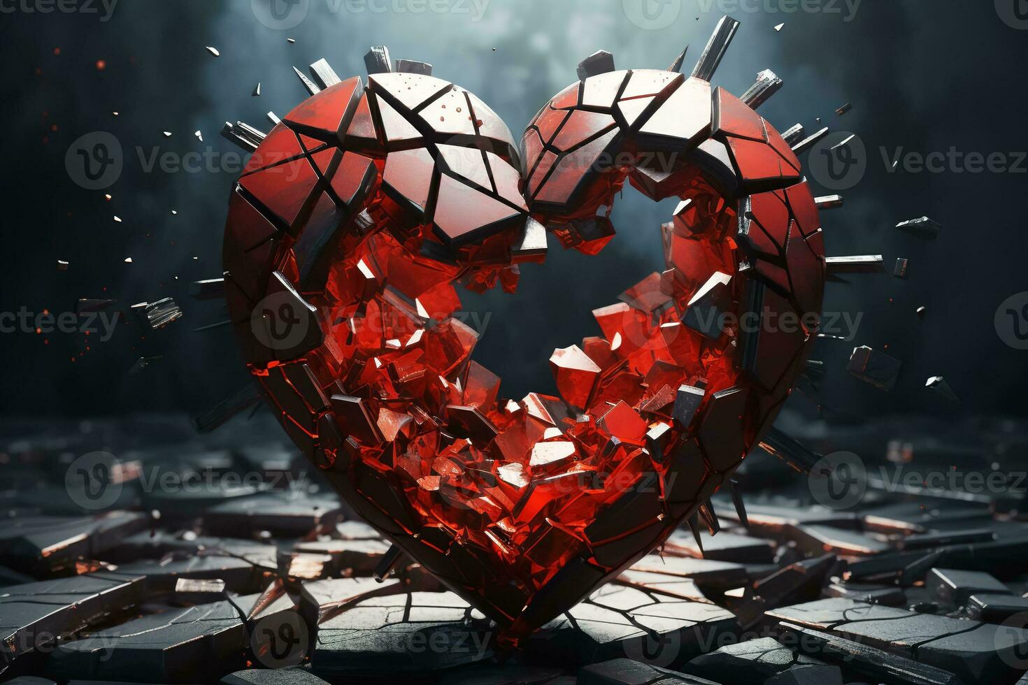 illustration. omfattande röd bruten hjärta på en mörk knäckt bakgrund foto