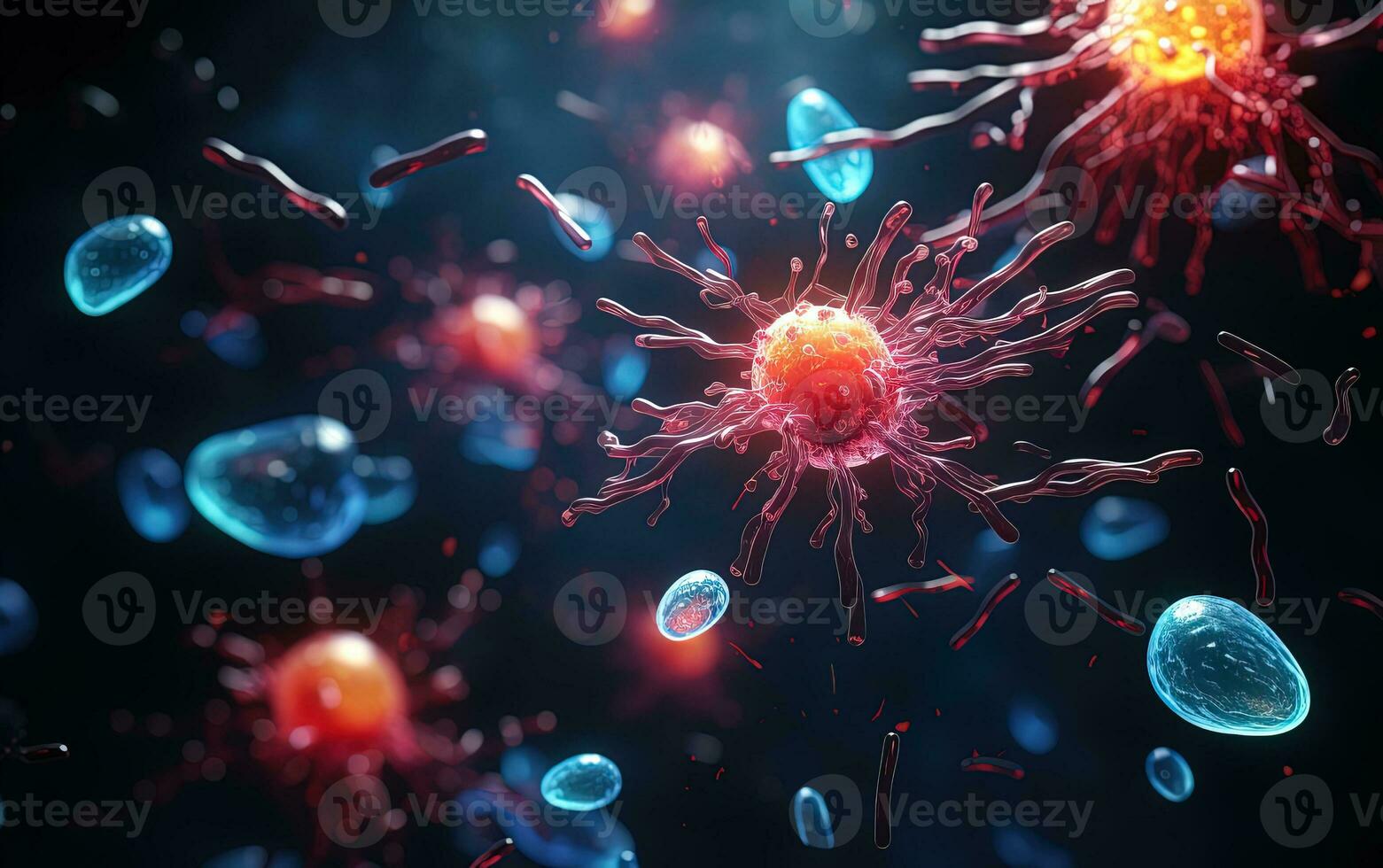 medicinsk illustration med virus celler och mikroorganismer på suddig bakgrund foto