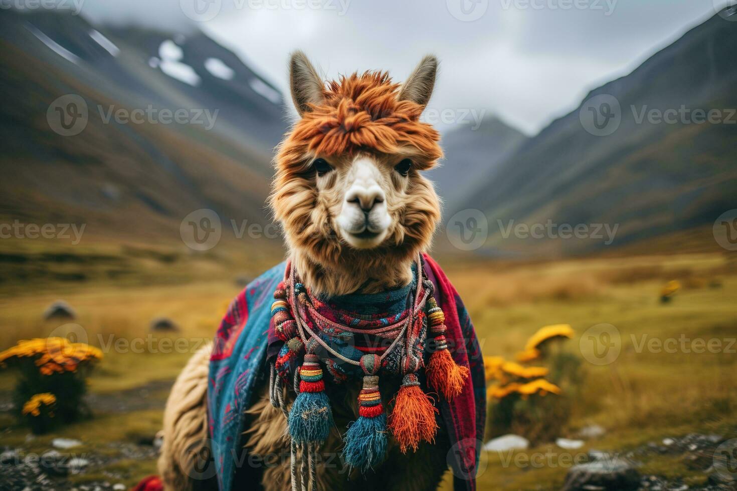 porträtt av ett alpacka i de dal av de grön bergen foto