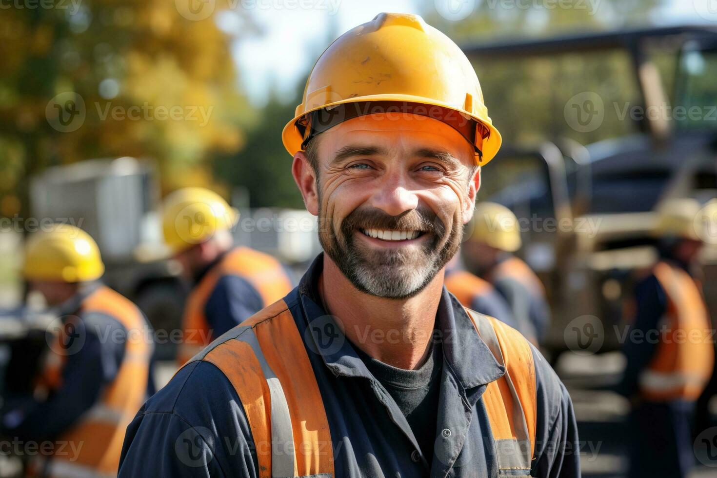 vuxen leende konstruktion arbetstagare i en gul hård hatt foto