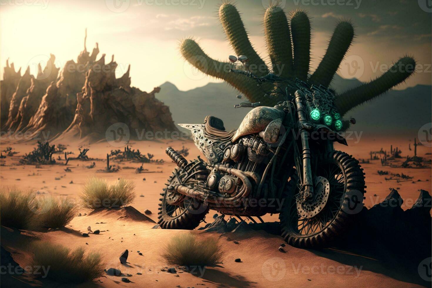 öken- landskap med försämrades beställnings- motorcykel, kaktusar och sand, galen max stil. ai digital illustration foto