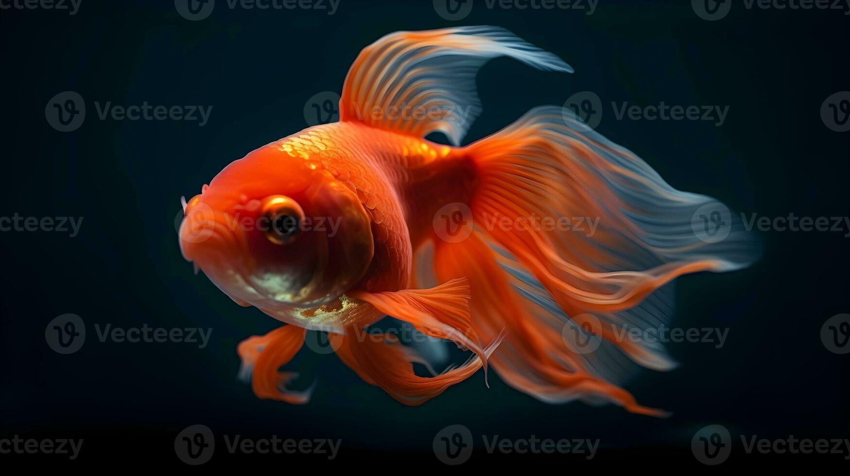 stänga upp av orange fantail guldfisk ras simning låg ljus isolerat på mörk bakgrund. ai genererad. foto