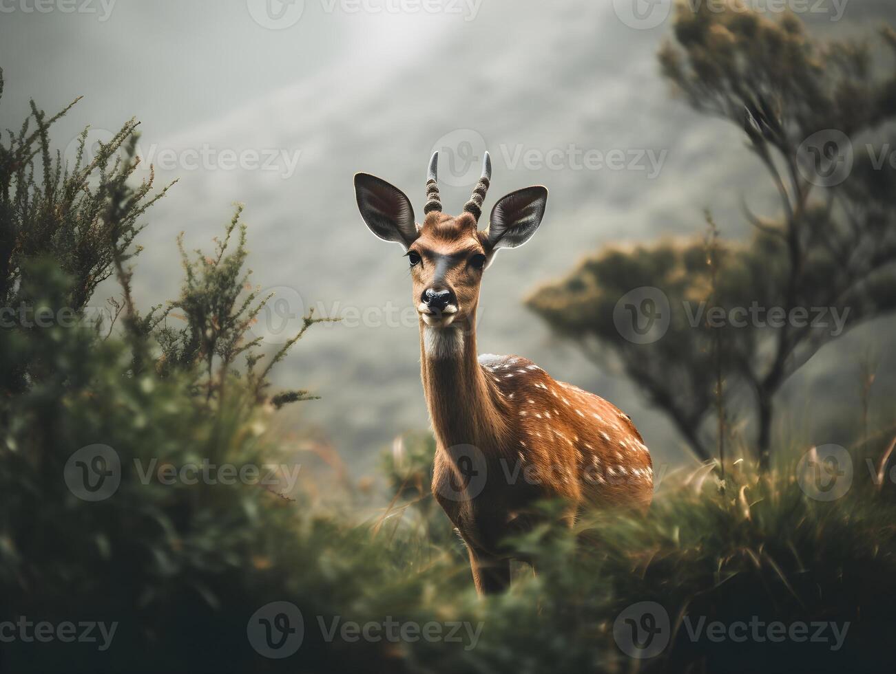 chital rådjur eller brun och vit fick syn på rådjur ser på de kamera från de buske, natur bakgrund. ai genererad. foto