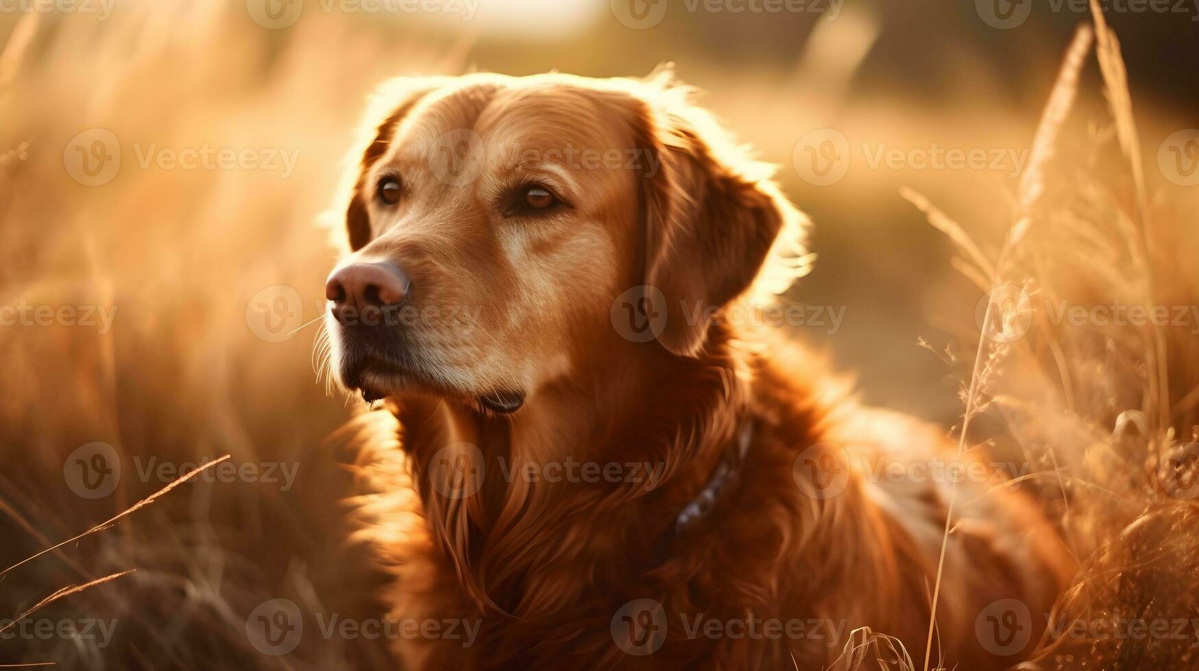 stänga upp skön blond gyllene retriever hund utforska gående och stående i de mitten av de äng, natur bakgrund. ai genererad foto