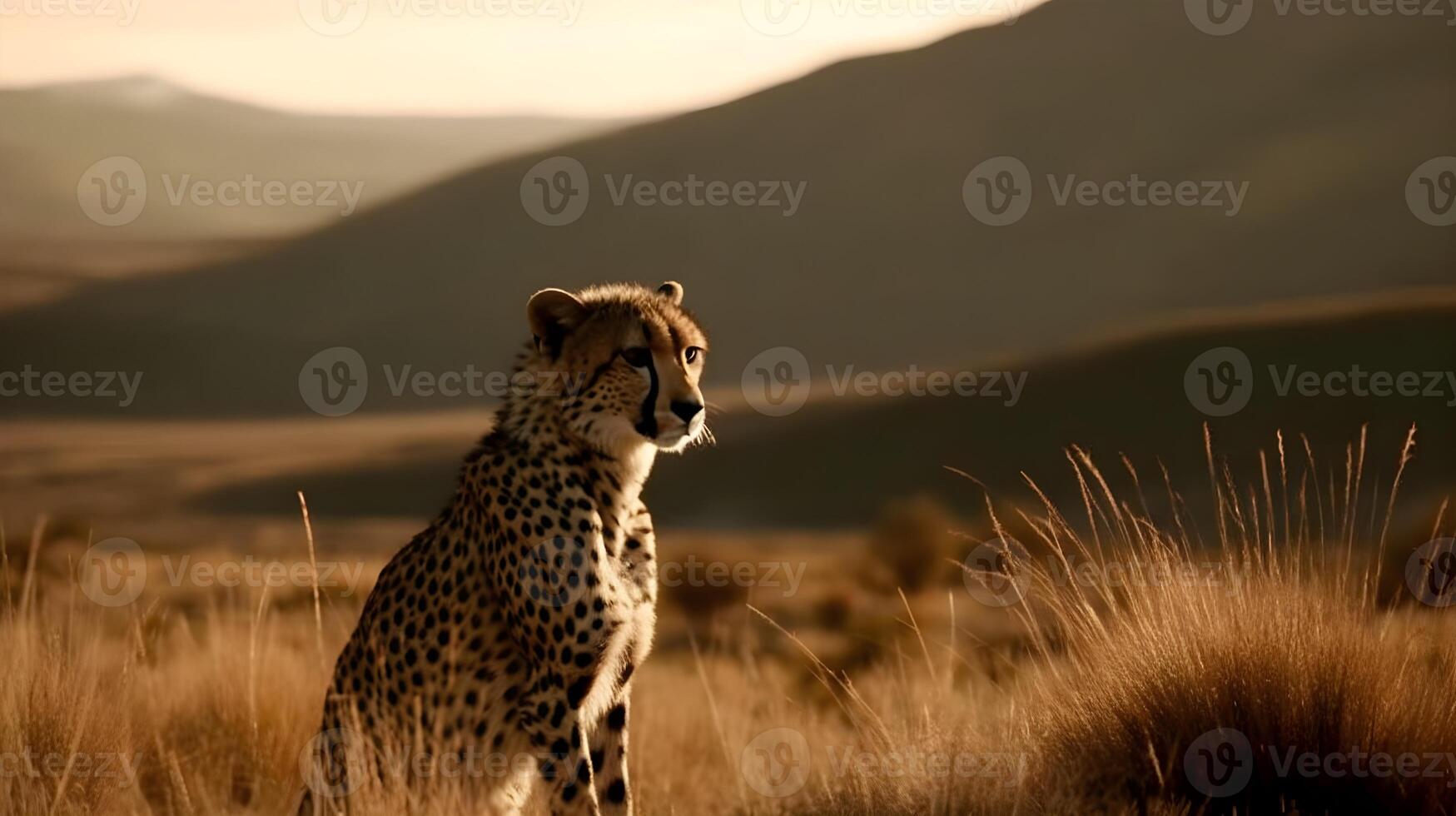 våldsam rovdjur leopard sitta och stirra hetero framåt- på något på de savann öken- bakgrund. ai genererad och ai generativ. foto