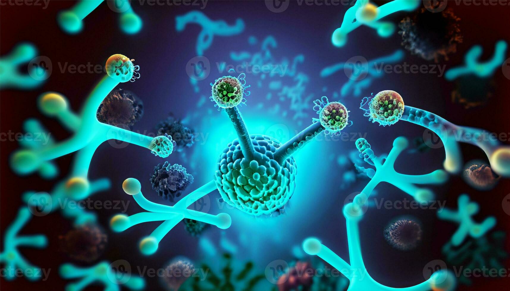 förstorade molekyl strukturera av bakterie orsakar sjukdom på lysande bakgrund foto