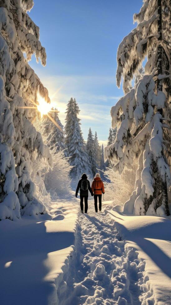 snöskor. fredlig promenader genom snötäckt landskap foto