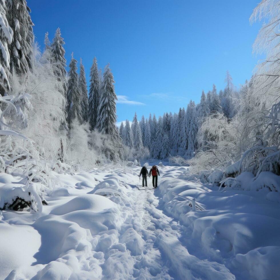 snöskor. fredlig promenader genom snötäckt landskap foto