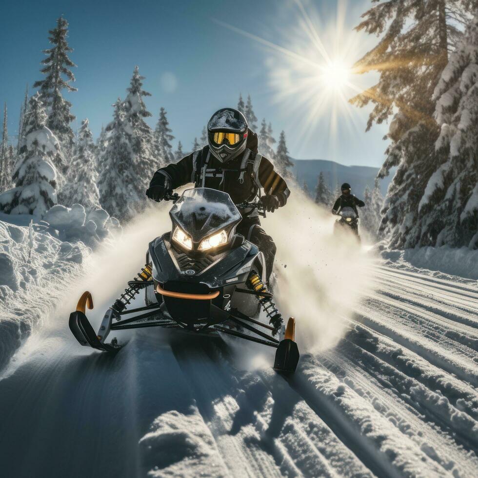 snöskoter. äventyrlig rider genom snöig terräng foto