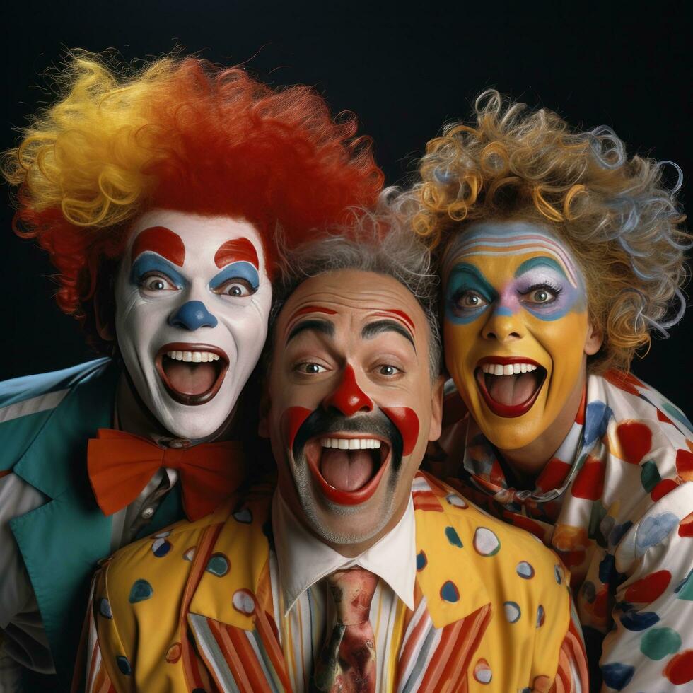 clowner. leende dumbom och färgrik underhållare foto