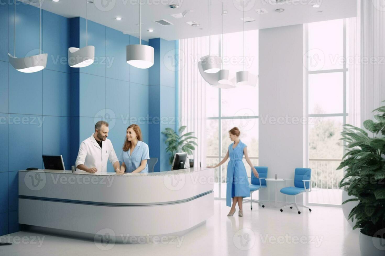 medicinsk Centrum reception. modern klinik. sjukhus. doktorer är talande. gräns. generativ ai foto