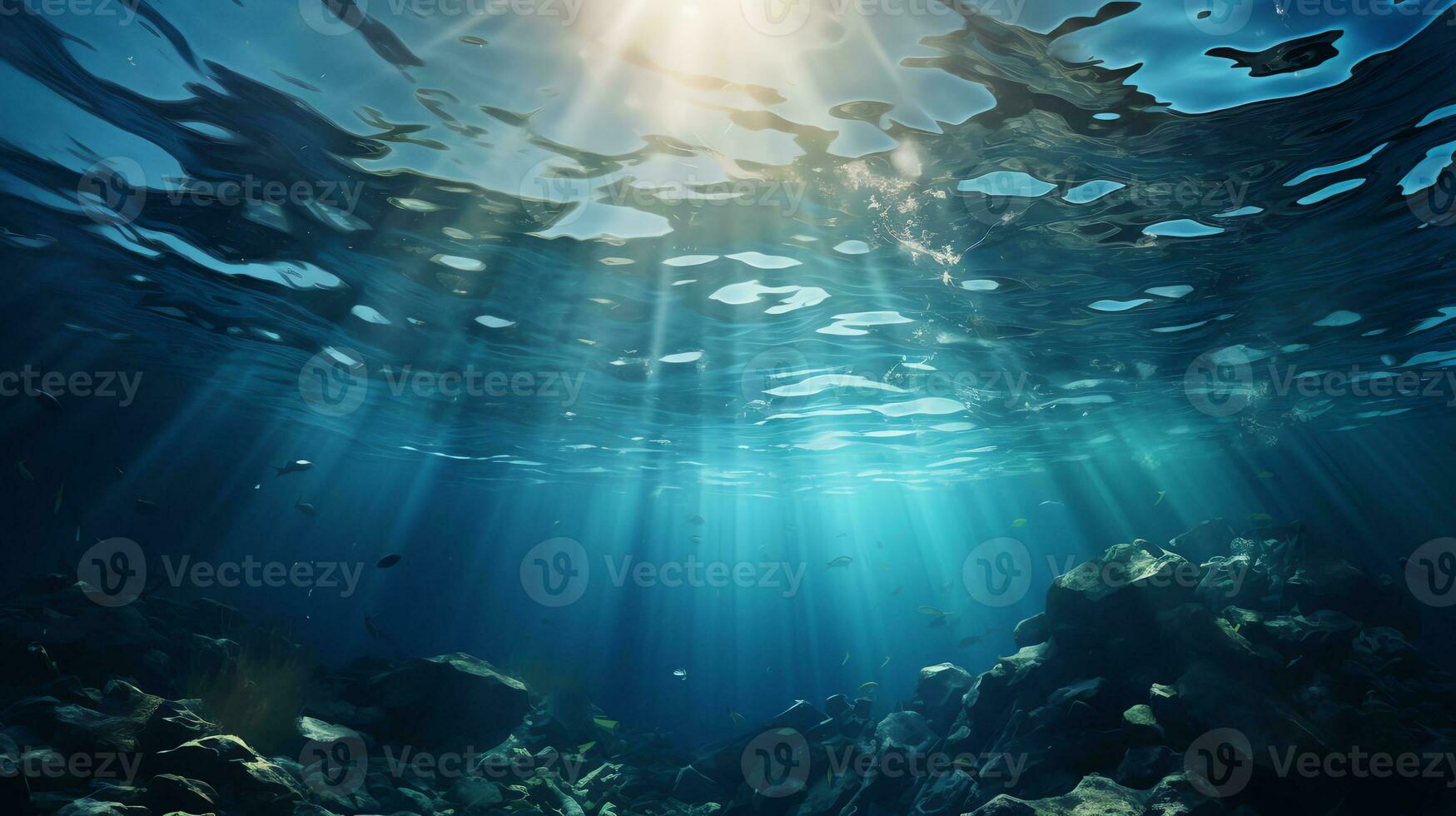 under vattnet scen med bubblor scen med Sol strålar generera ai foto