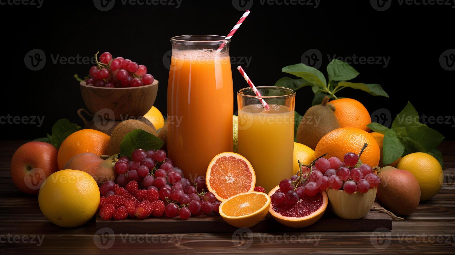 sortiment av färsk frukt juice ai generativ foto