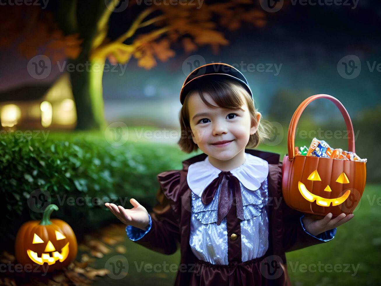 en liten flicka bär en halloween kostym innehav pumpa godis hink. generativ ai. foto