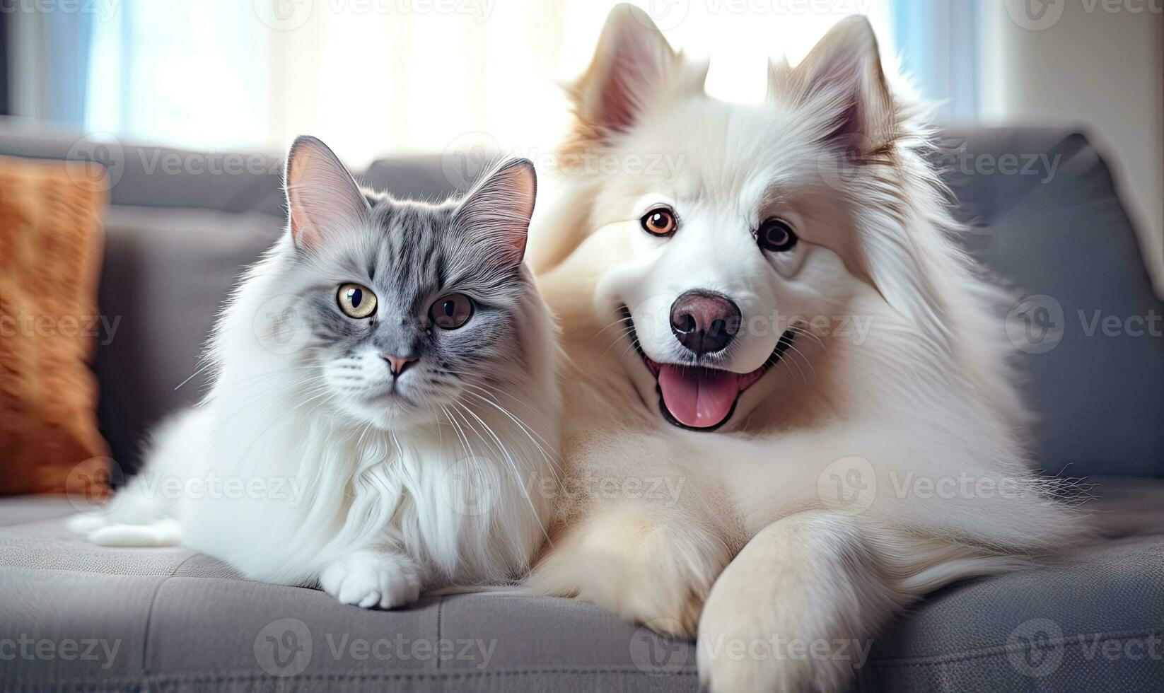 i en lugn levande rum, två förtjusande sällskapsdjur, en hund och en katt. ai generativ foto