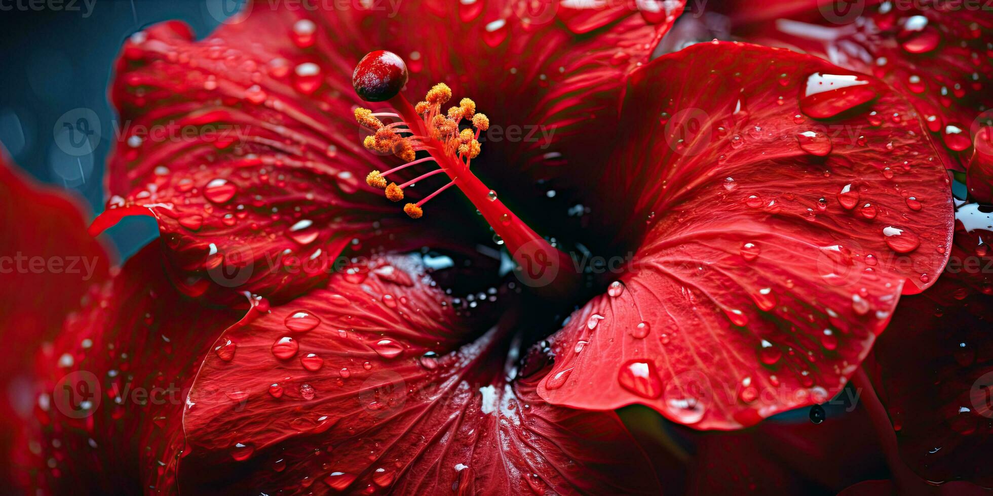 närbild hibiskus med droppar vatten tapet. skapas med ai verktyg foto