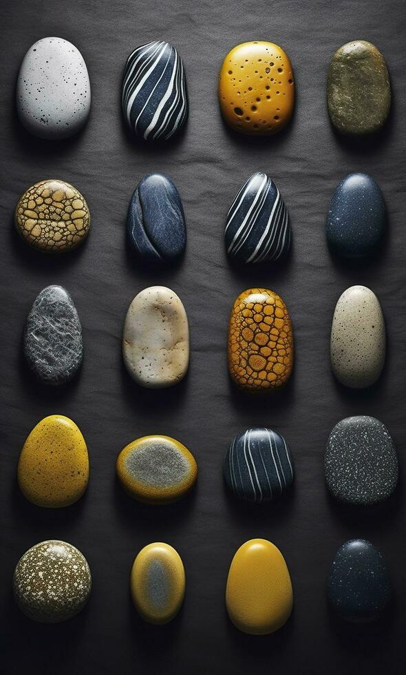 några färgrik stenar är visas, mörk Marin och gul, ai generativ foto