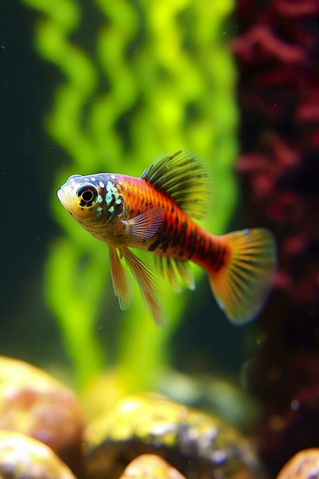 i de akvarium med växter och stenar. de spinytail har en mängd av Färg olika sorter Inklusive röd, orange, gul, blå och grön. ai generativ foto